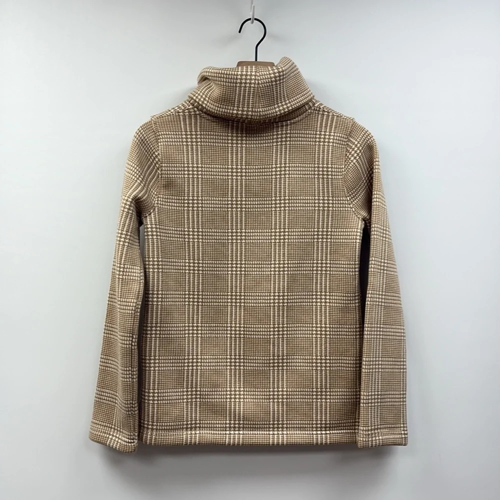 NWOT J. Crew Houndstooth Plaid Fleece Funnel Neck Pullover Sweater Tan XS